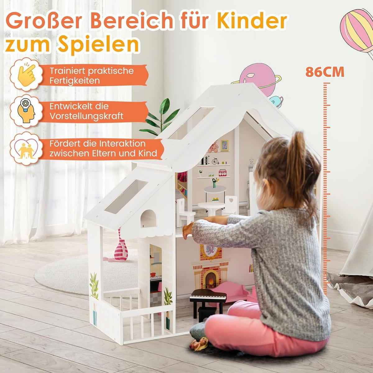 PUPPENHAUS 86cm Weiß - Weiß, Holz (30/86/81cm) - COSTWAY