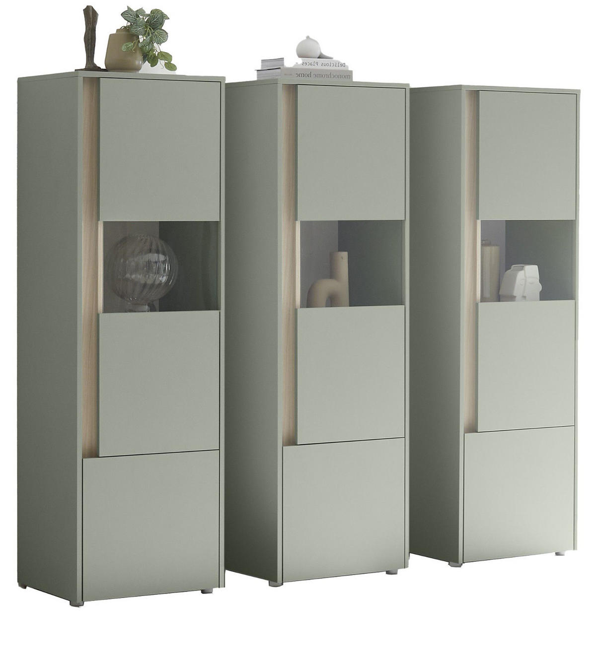 SCHANK-SET Salbei grün, Barista Eiche 190 cm, Vitrinen-Set mit 3x Vitrine je 50x 155 cm - Salbeigrün/Eichefarben, Glas/Holzwerkstoff (190/155/40cm) - Furn.Design