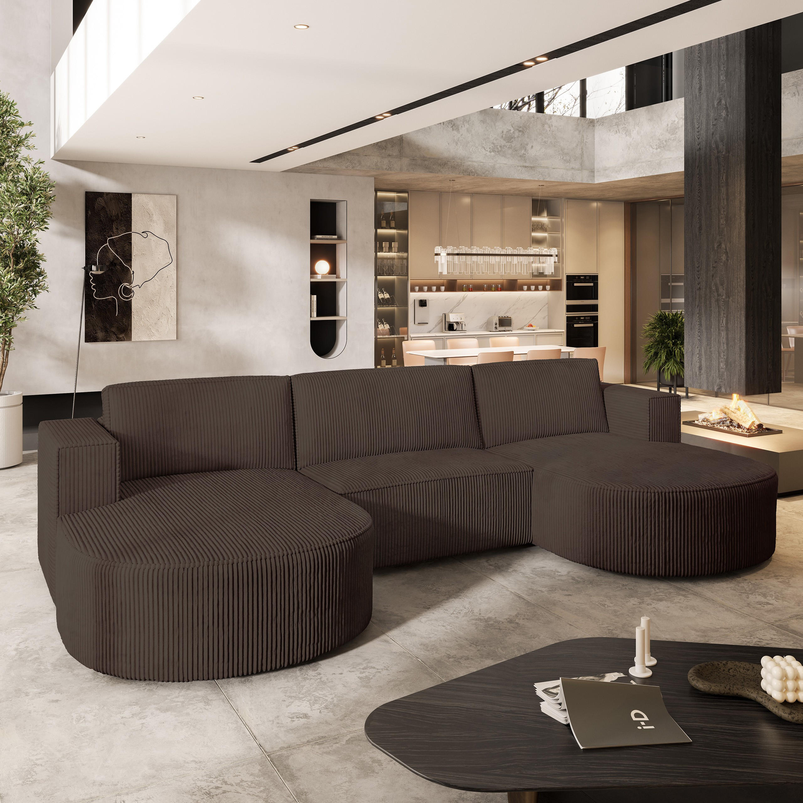 WOHNLANDSCHAFT VEZZO P Braun Kordstoff mit Schlaffunktion - Braun, Holz (347/85/174cm) - MASSENO