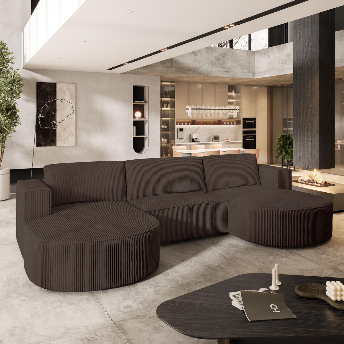 WOHNLANDSCHAFT VEZZO P Braun Kordstoff mit Schlaffunktion - Braun, Holz (347/85/174cm) - MASSENO