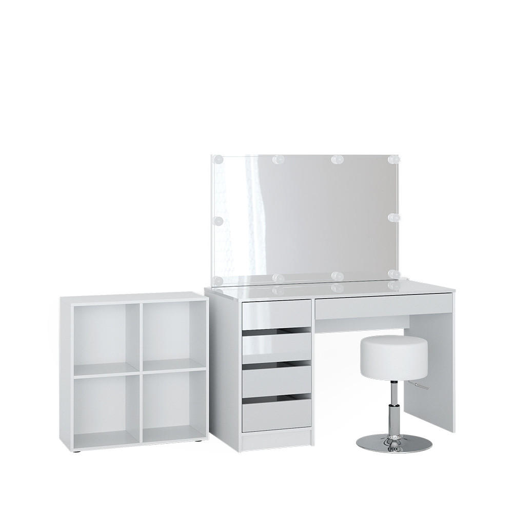 VANITATE Sherry, Alb, 120 cm cu oglinda, ghirlanda LED, taburet si raft de podea