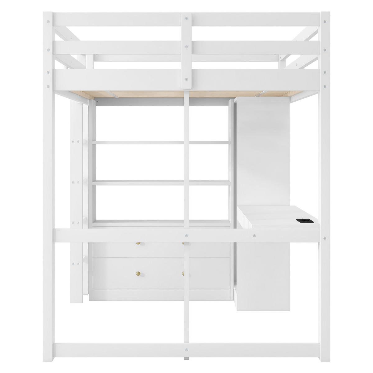 HOCHBETT 140/200 cm in Weiß mit Schreibtisch, 2 Schubladen, Regal, LED und USB - Weiß, Holzwerkstoff (140/200cm) - STILVORA