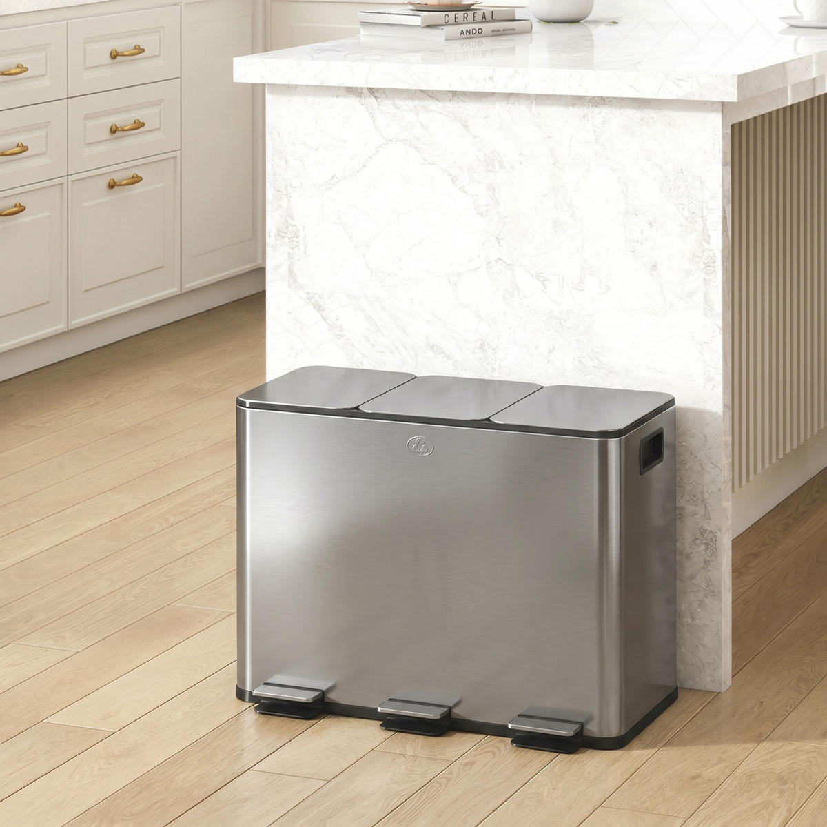 MÜLLEIMER 3 Fach 60L Edelstahl Treteimer Soft Close Silber 61,9/36,6/56,7 cm - Silberfarben, Metall (36.6/56.7/61.9cm) - Rolipo
