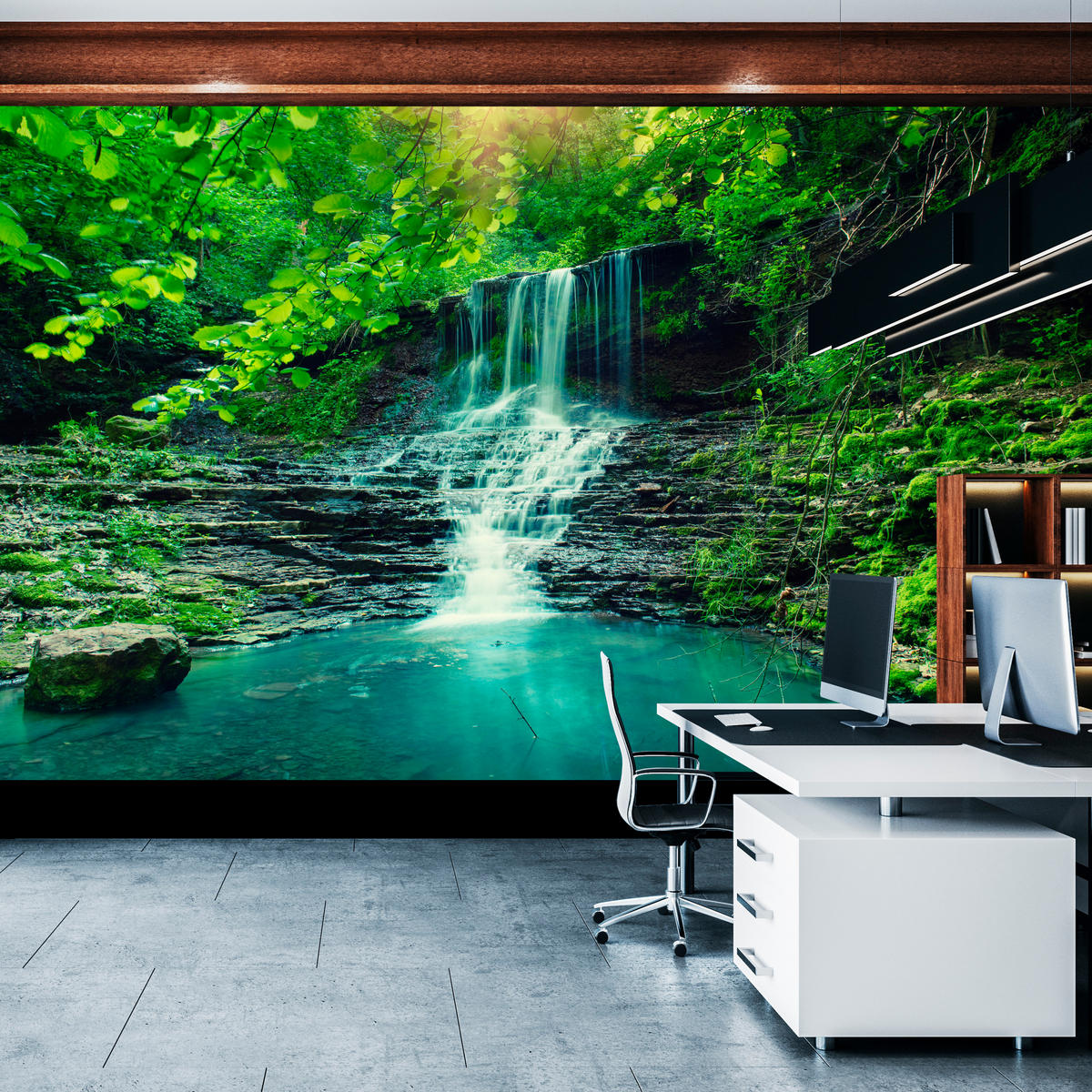 FOTOTAPETE für Schlafzimmer Türkisfarbener Wasserfall Wald Bäume Blätter Felsen 250x175 - Türkis/Blau, Papier (250/175cm) - Muralo