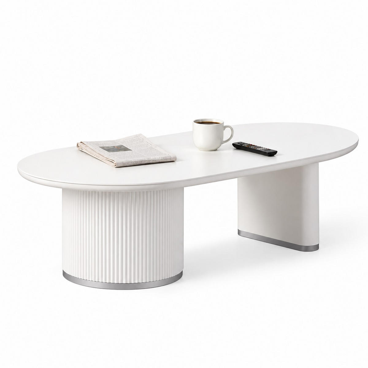 COUCHTISCH Oval Weiß 130 × 70 cm mit geriffeltem Säulengestell und Silberakzenten - Weiß, Holzwerkstoff (70/130/45cm) - HOOZ