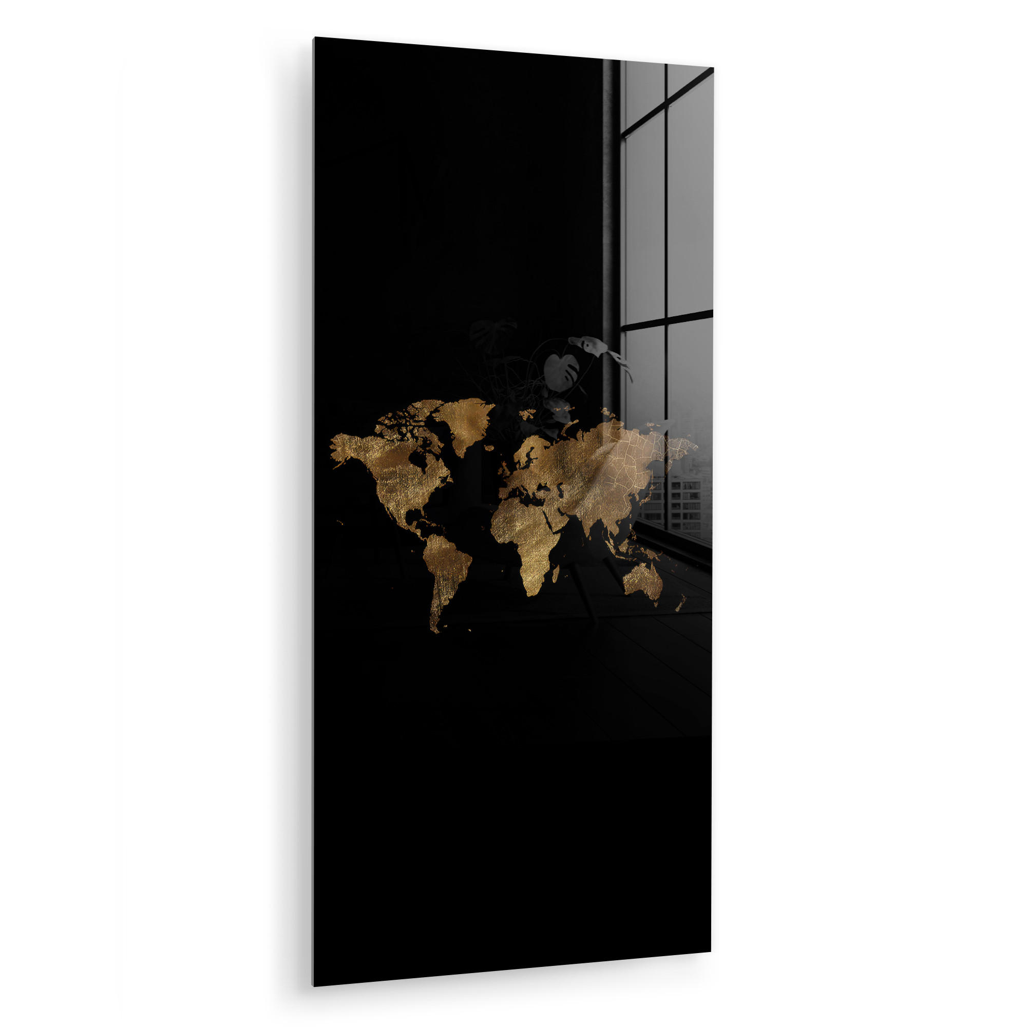 ACRYLGLASBILD Weltkarte - Gold - Luxus - Erde - Schwarz 60x120 cm - Goldfarben, Glas (60/120cm) - MuchoWow