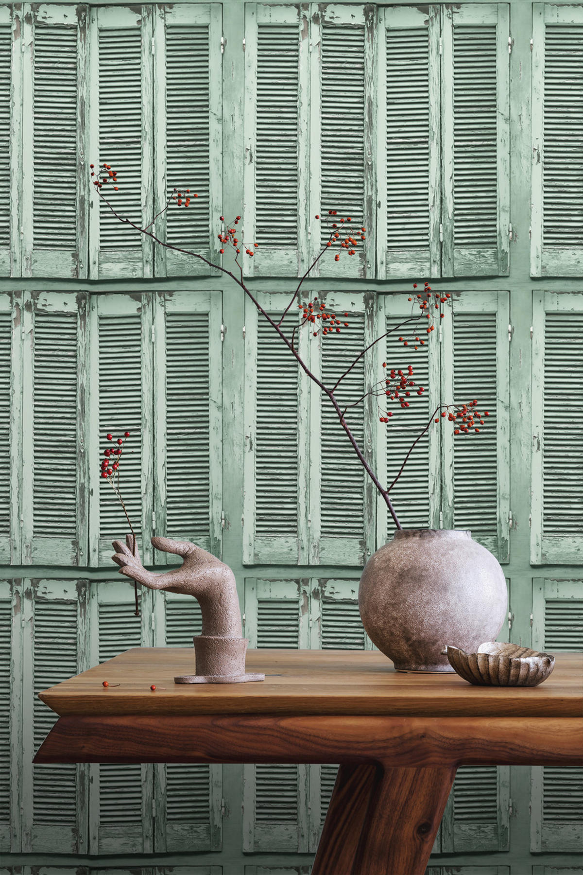 TAPETE verwitterte, französische, vintage Fensterläden 53 cm x 10.05 m - Grün, Papier (53/1000cm) - ESTAhome