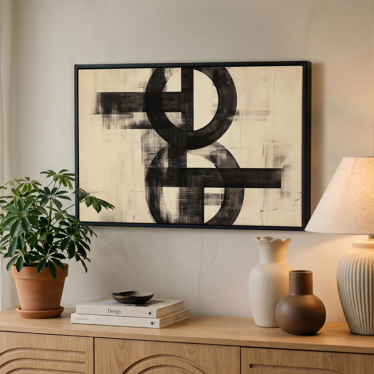 LEINWAND Bilder mit Rahmen - Kreise - Balken - Schwarz - Abstrakt - 60x40 - Schwarz, Textil (60/40cm) - MuchoWow