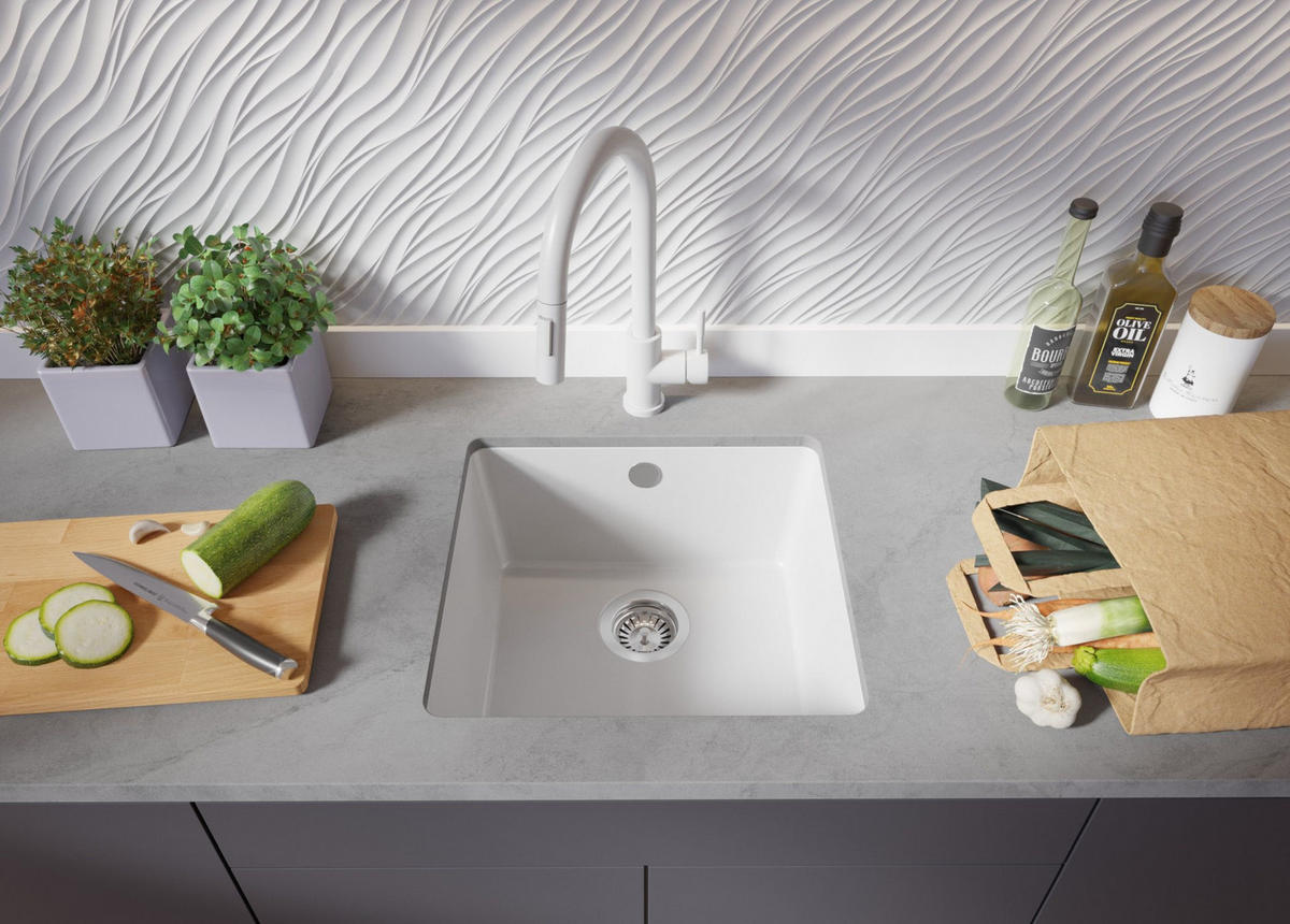 UNTERBAUSPÜLE GRANIT Venedig Easy, 2-er set Weiß 46/44 cm 1 Becken + Küchenarmatur 32/20 cm + Ablauf-Set ab 50er Unterschrank - Chromfarben/Weiß, Kunststoff (46/20/44cm) - Primagran