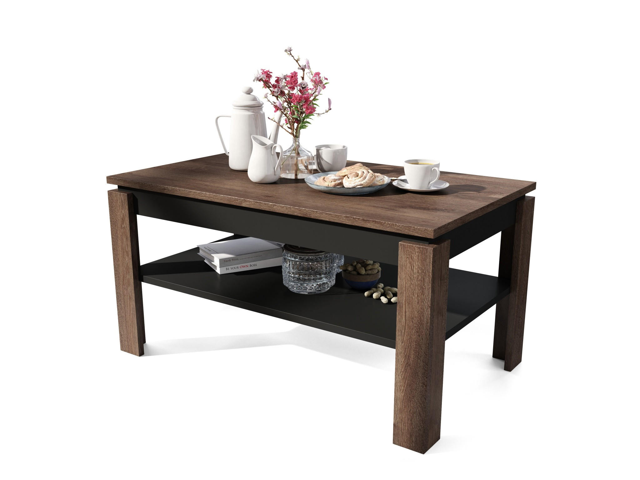 COUCHTISCH rechteckig Eiche Dunkel Schwarz höhenverstellbar 100/60/55 cm - Dunkelbraun/Schwarz, Holzwerkstoff (60/100/55cm) - designimpex