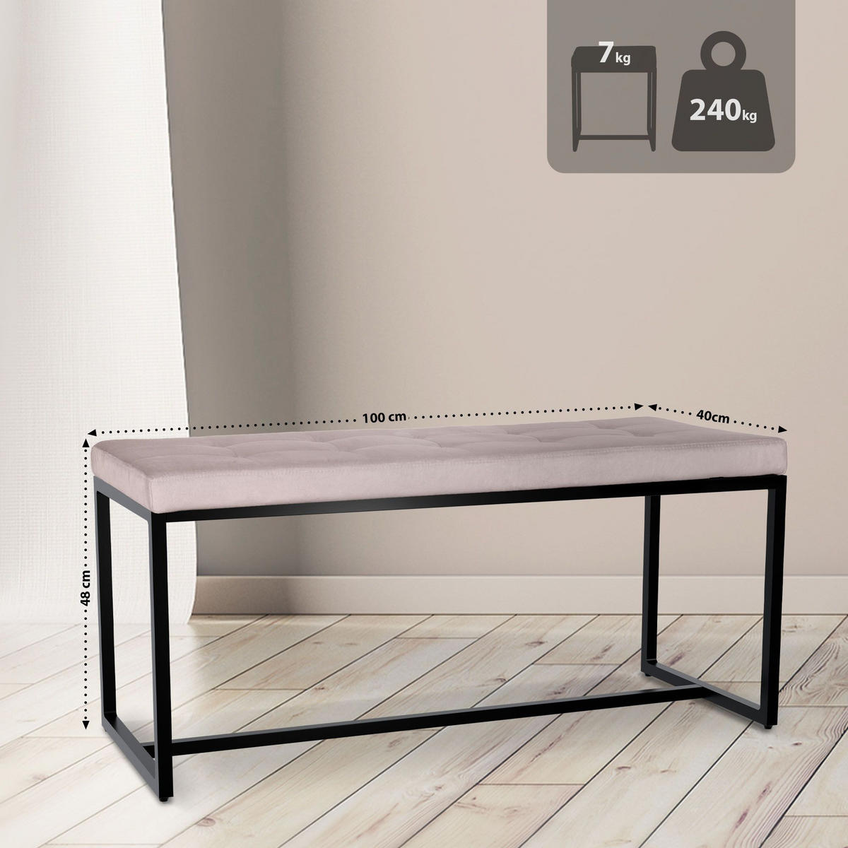 SITZBANK 100/40 cm Samt hellgrau - Hellgrau/Schwarz, Textil/Metall (100/48/40cm) - CLP