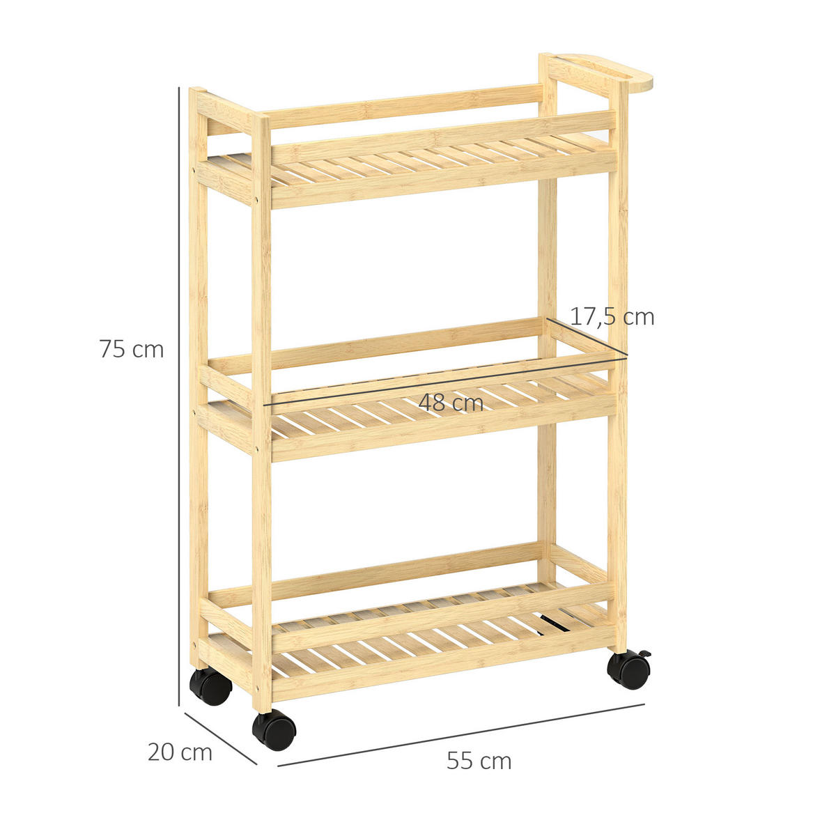 SERVIERWAGEN aus Bambus, 3-stöckiger, 55 x 20 x 75 cm, Naturholz - Naturfarben, Naturmaterialien (55/75/20cm) - HOMCOM