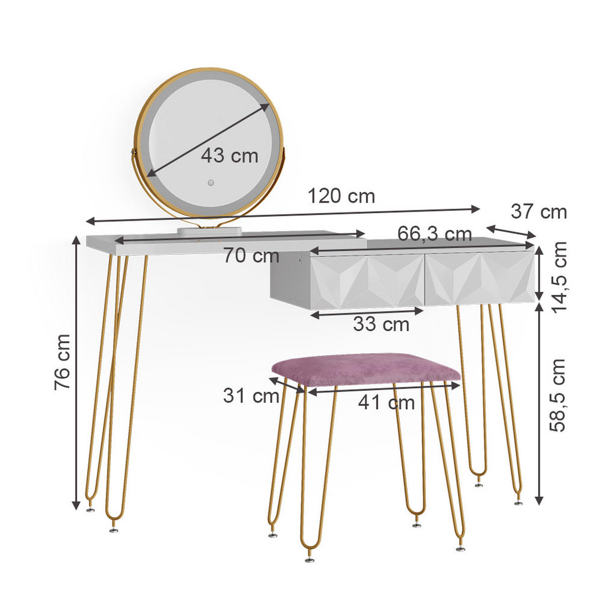 SCHMINKTISCH Bella Weiß 120 cm mit LED Beleuchtung und Hocker - Weiß, Holzwerkstoff (120/76/37cm) - Vicco