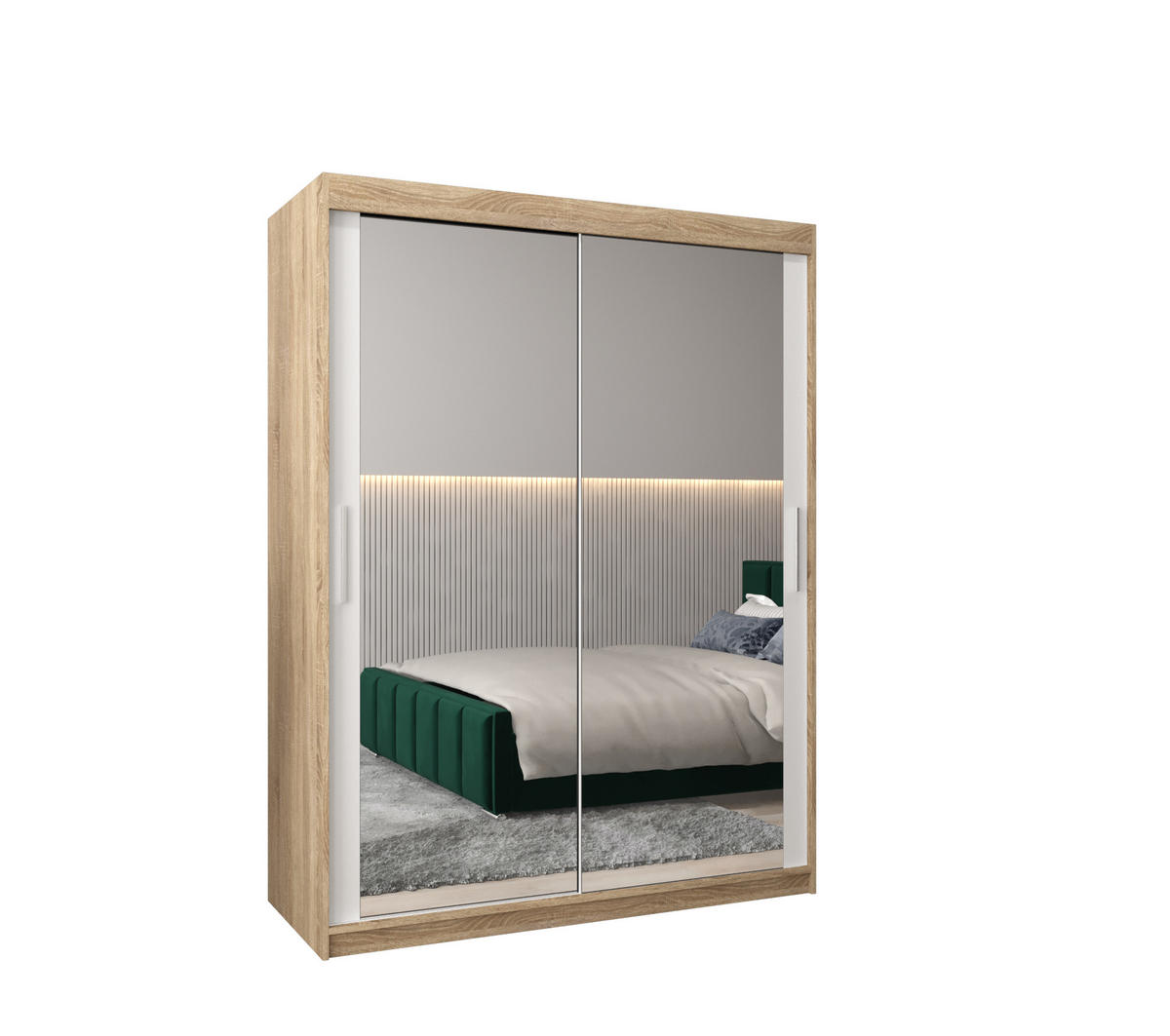 SCHWEBETÜRENSCHRANK 200/150/62 2-türig - Silberfarben/Weiß, Holz/Kunststoff (150/200/62cm) - Abiks Möbel