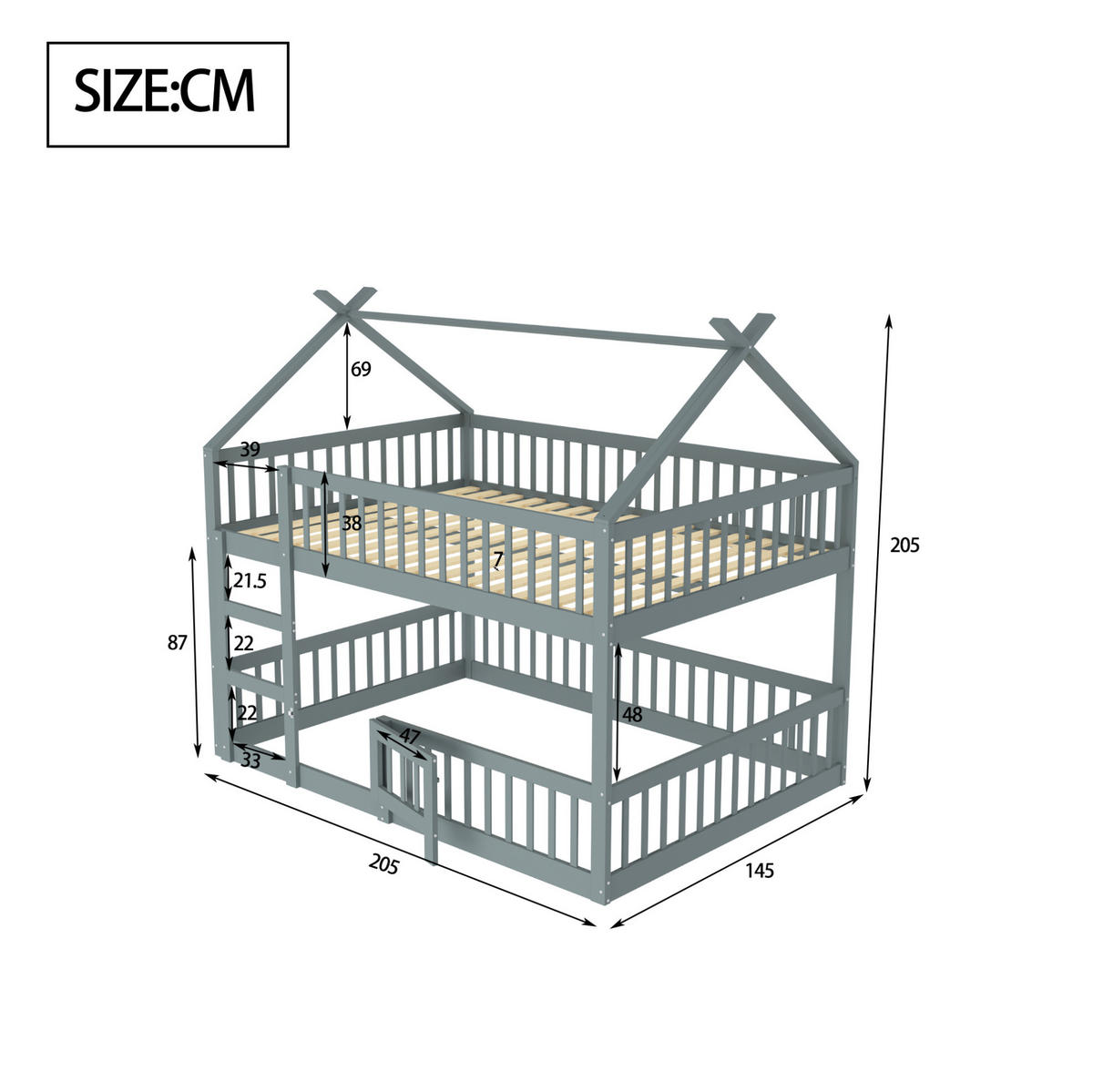 ETAGENBETT 140/200 cm mit Treppe, hohem Fallschutz und Tür, Grau - Grau, Holzwerkstoff (140/200cm) - Redom