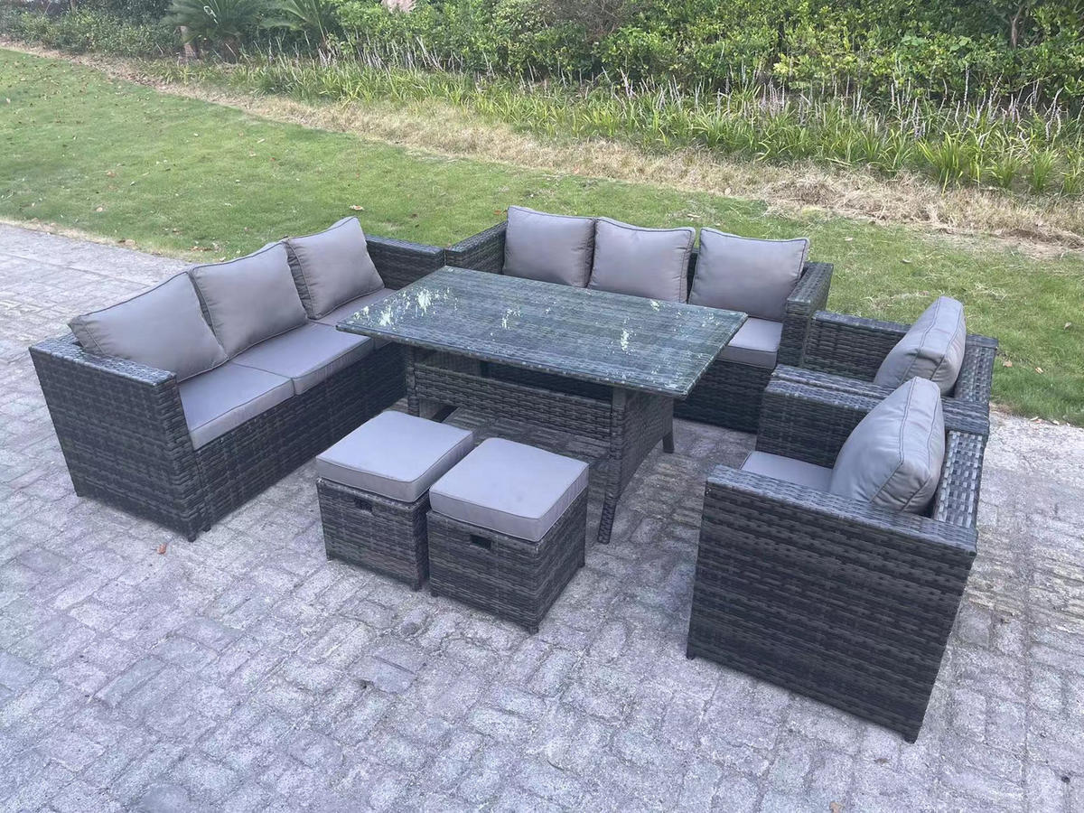 SITZGRUPPE mit Hockern Polyrattan Dunkelgrau 10-Sitzer - Dunkelgrau/Grau, Glas/Kunststoff - Fimous