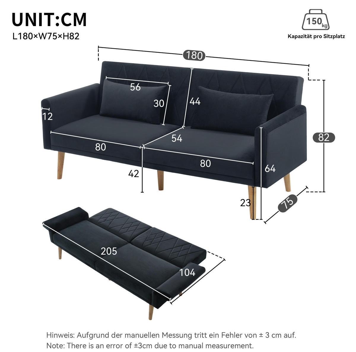 SCHLAFSOFA multifunktional 180 x 75 x 82 cm Samt Black 2-Sitzer - Schwarz, Holzwerkstoff (180/82/75cm) - Meubliv