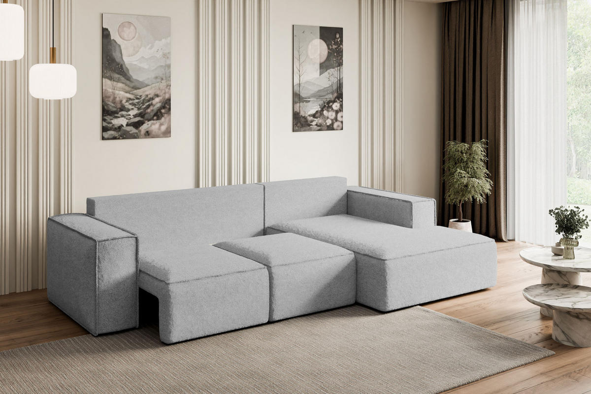 ECKSOFA mit Schlaffunktion und Bettkasten SERRA-L-S - 266x161x87 cm Hellgrau Bouclé - Hellgrau/Schwarz, Holzwerkstoff/Kunststoff (266/161cm) - ALTDECOR