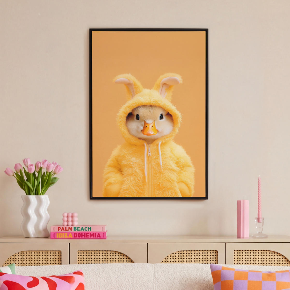 LEINWAND Bilder mit Rahmen - Osterhase - Kostüm - Ente - 60x90 - Gelb, Textil (60/90cm) - MuchoWow