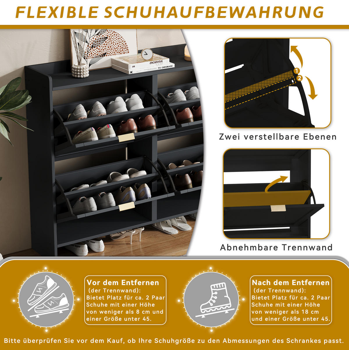 SCHUHSCHRANK 110/24/90 cm in Schwarz mit 4 Klappenfächern und offenen Ablagen - Schwarz, Holzwerkstoff (110/90/24cm) - Flora Grace