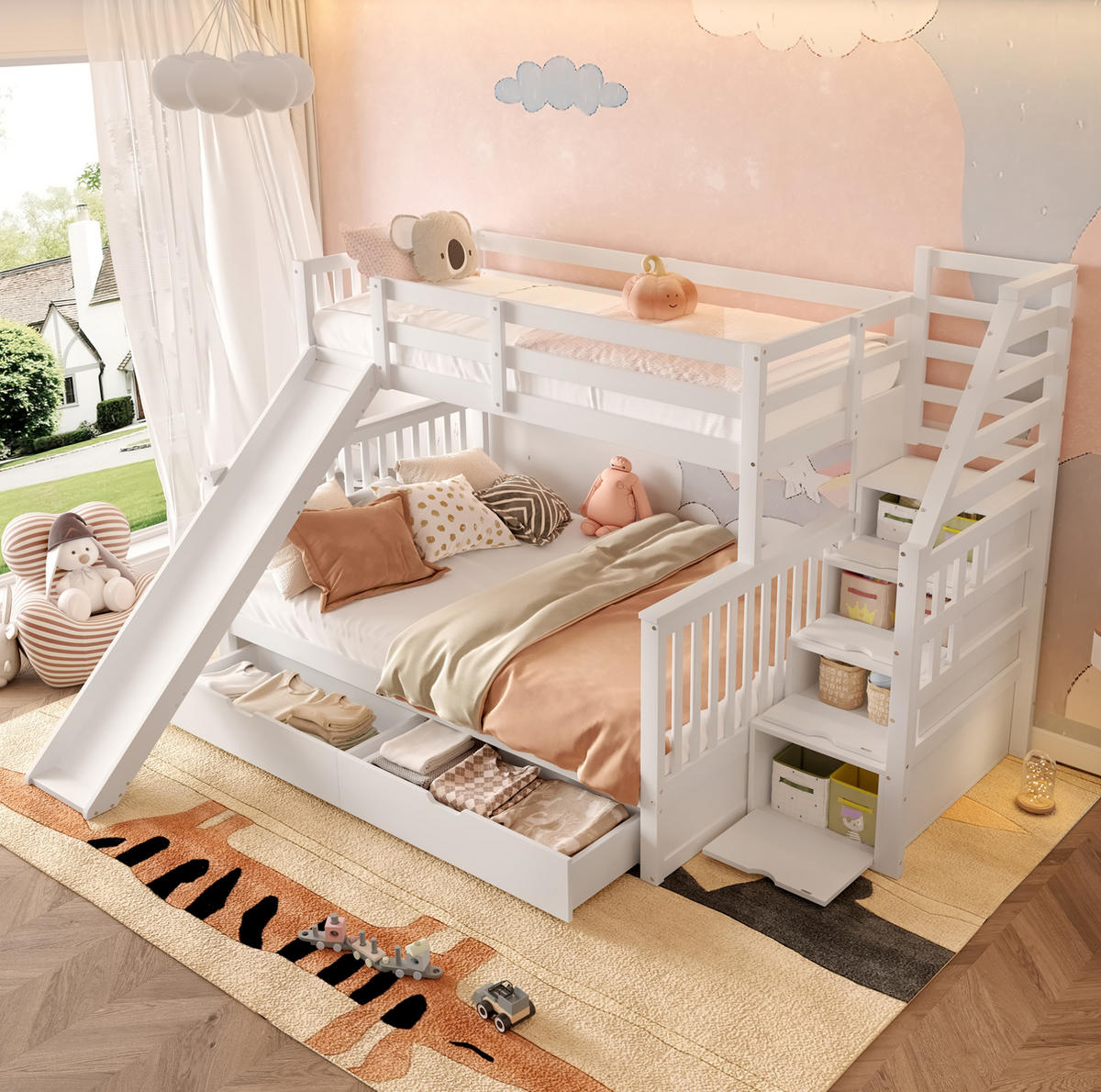 ETAGENBETT 90/200 über 140/200 cm mit Rutsche und Stauraum in Antikweiß - Weiß, Holzwerkstoff (90/200cm) - BEAOK