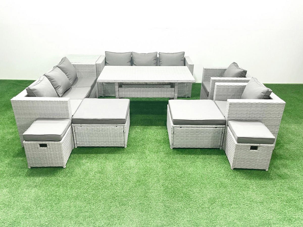 GARTENSET mit Esstisch,Sofa,4 Fußhocker,2 Stühle,Beistelltisch Polyrattan Hellgrau 12-Sitzer - Hellgrau/Grau, Glas/Kunststoff - Fimous
