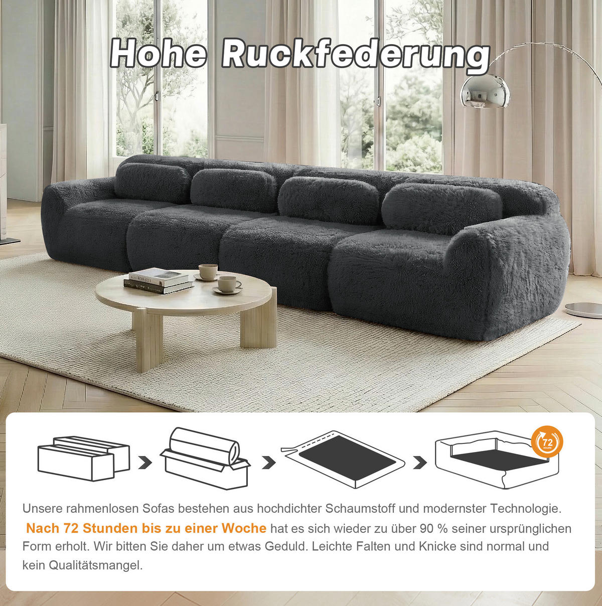 4-SITZER Sofa aus Plüsch mit modularem bonelosem Design Grau - Grau, Textil (104/73/378cm) - Modenvie
