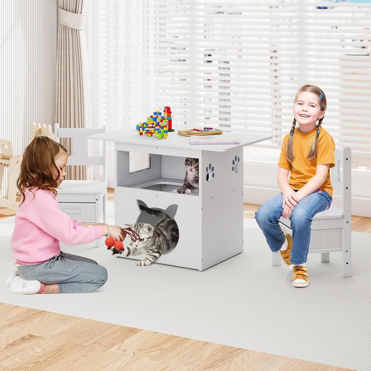 KINDERTISCH mit stuhl weiß(3-tlg) - Weiß, Holzwerkstoff (80/59/52cm) - COSTWAY