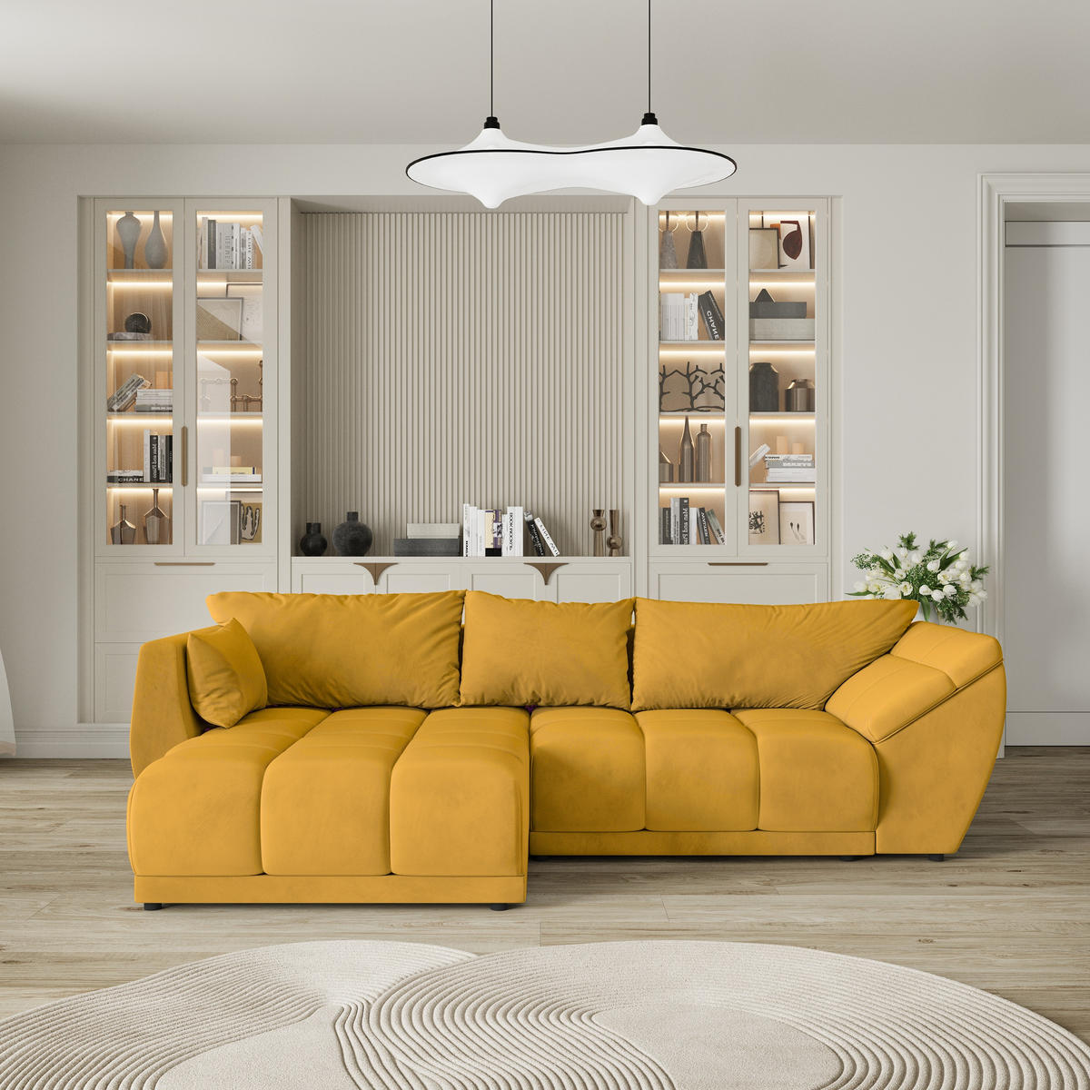 ECKSOFA ORENTI L-S Gelb Velours-Stoff mit Schlaffunktion - Gelb, Holz (287/182cm) - MASSENO