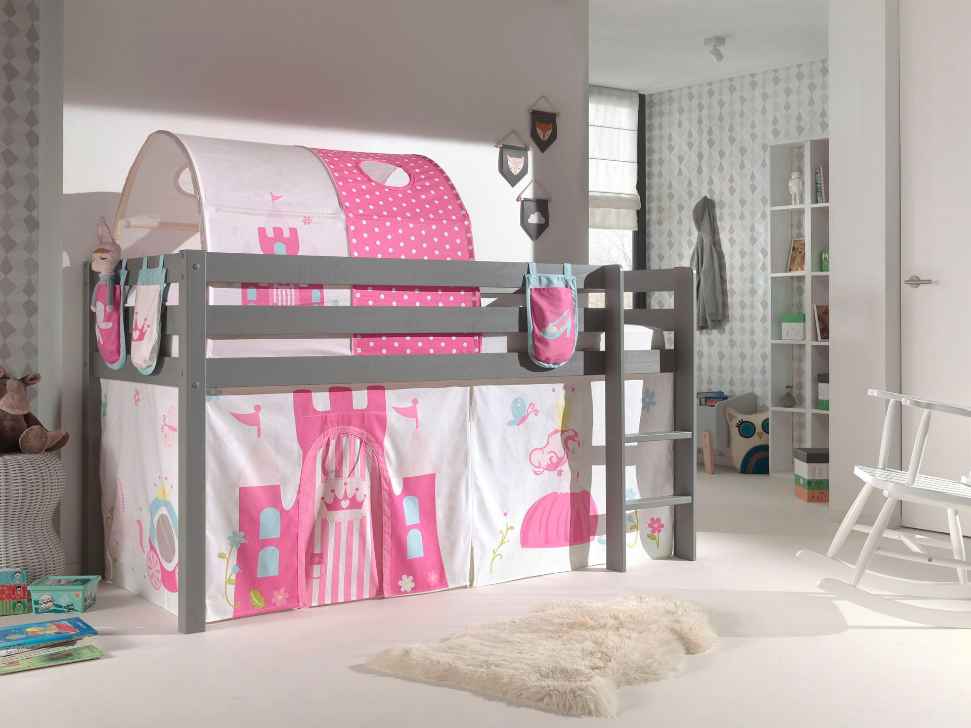 KINDERBETT Karolina 210x114x106 Massivholz Grau Textilset Princess 4 - Magenta/Grau, Holz (90/200cm) - 58aufmkessel