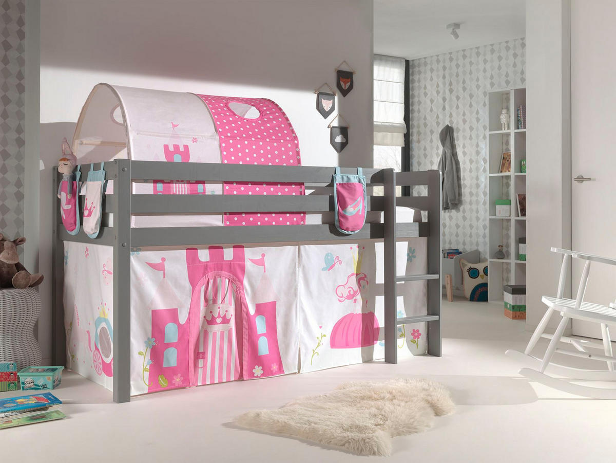 KINDERBETT Karolina 210x114x106 Massivholz Grau Textilset Princess 4 - Magenta/Grau, Holz (90/200cm) - 58aufmkessel