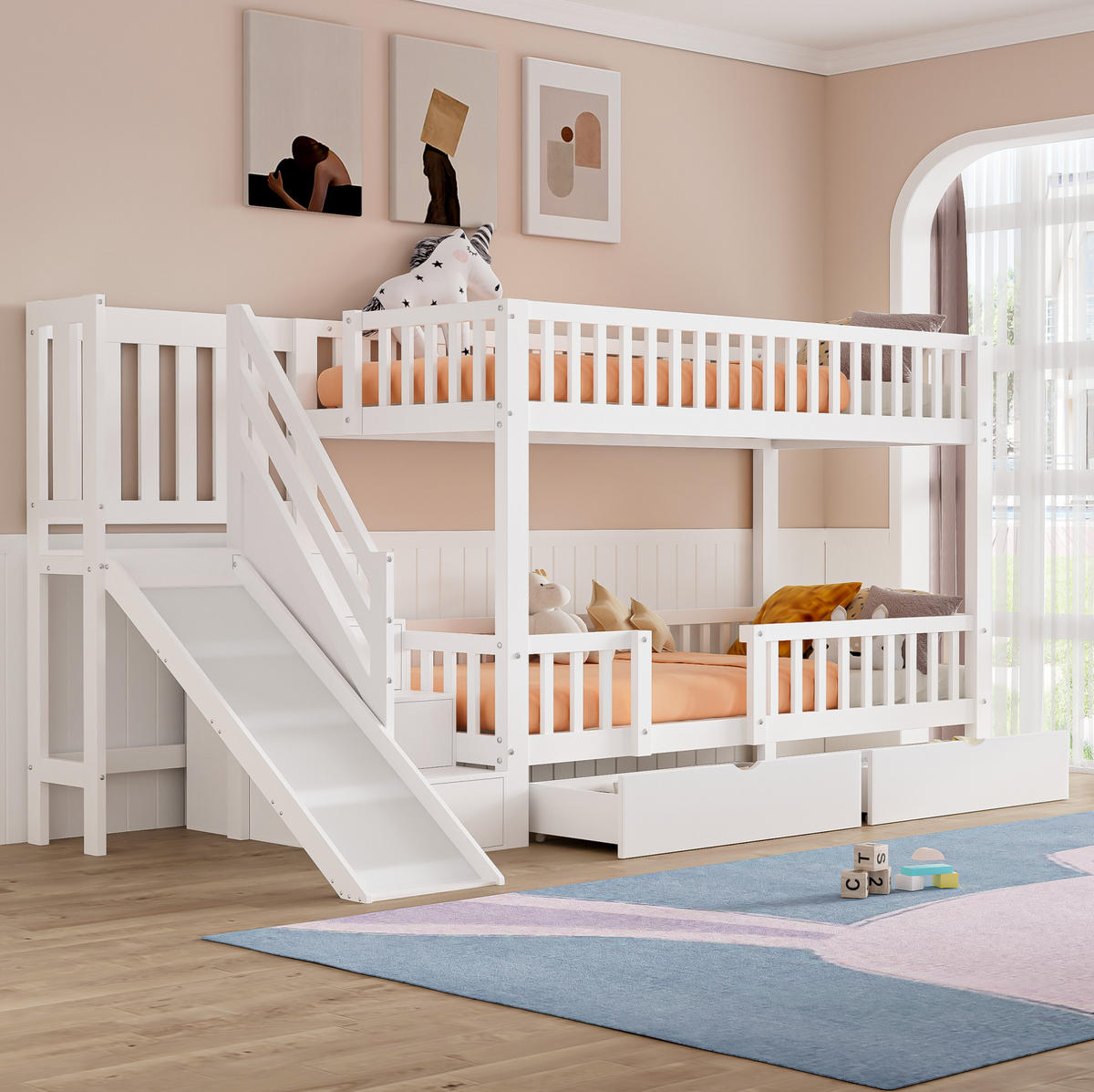 ETAGENBETT aus Massivholz 90x200 cm in Weiß mit Rutsche & Treppe - Weiß, Holz (90/200cm) - Modfu