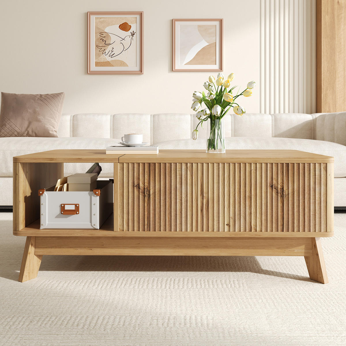 COUCHTISCH in Natur aus MDF – mit Wellenoptik, Stauraum und offenem Seitenfach - Naturfarben, Holzwerkstoff (48/95/50cm) - CHICFURN