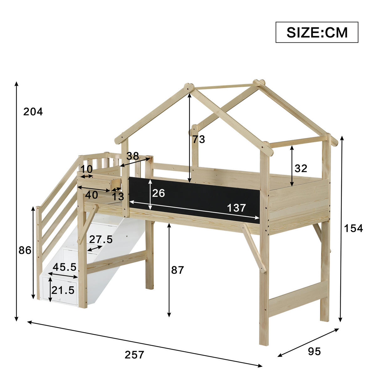 ETAGENBETT 90/200 cm mit Kreidetafel, Stauraumtreppe und Dachrahmen aus Holz, Weiß/Natur - Weiß, Holzwerkstoff (90/200cm) - Redom