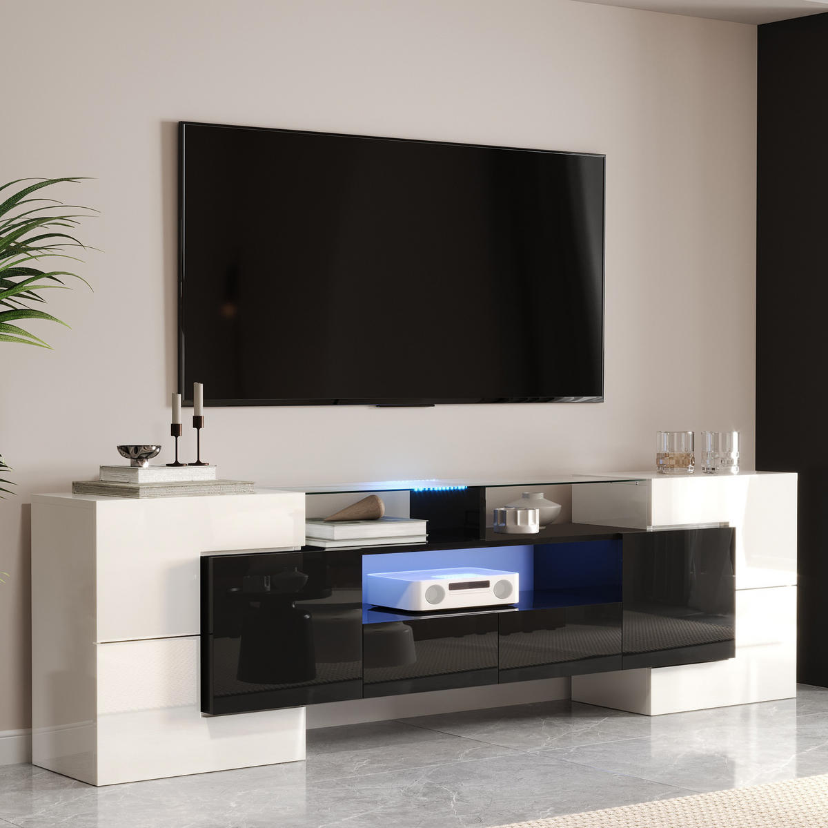 TV-LOWBOARD 200/35/60 cm mit LED-Beleuchtung und 2 Schubladen - Schwarz, Holzwerkstoff (200/60/35cm) - BEAOK