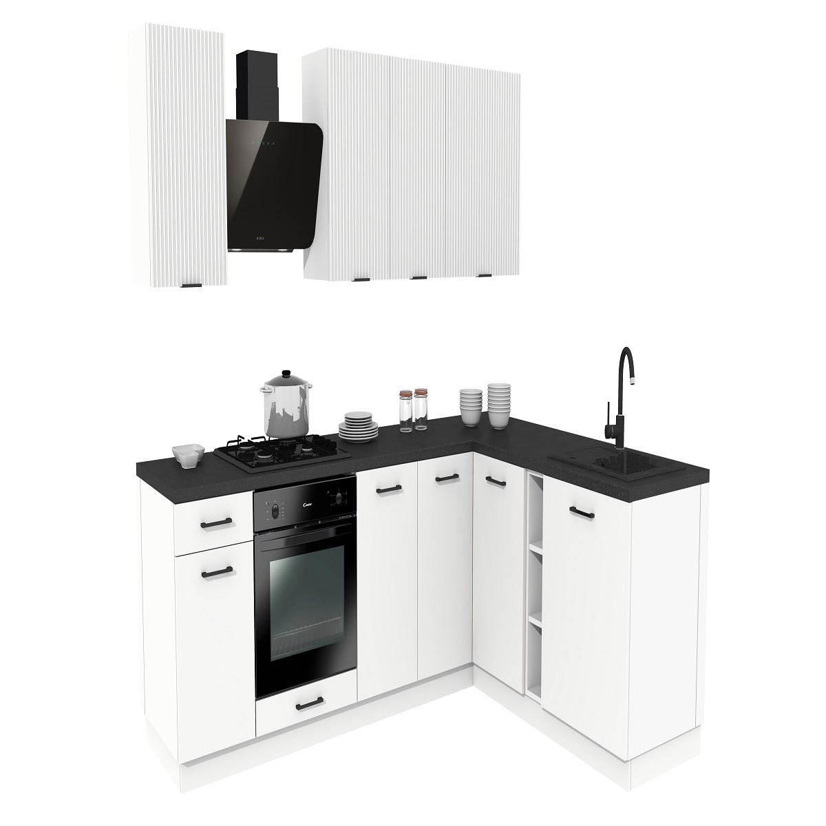 WINKELKÜCHE 240x180 cm mit Arbeitsplatte - SIMPLY Z21 - in Weiß Matt / Weiß Rille - Schwarz/Weiß, Holz/Holzwerkstoff (420/212/53cm)