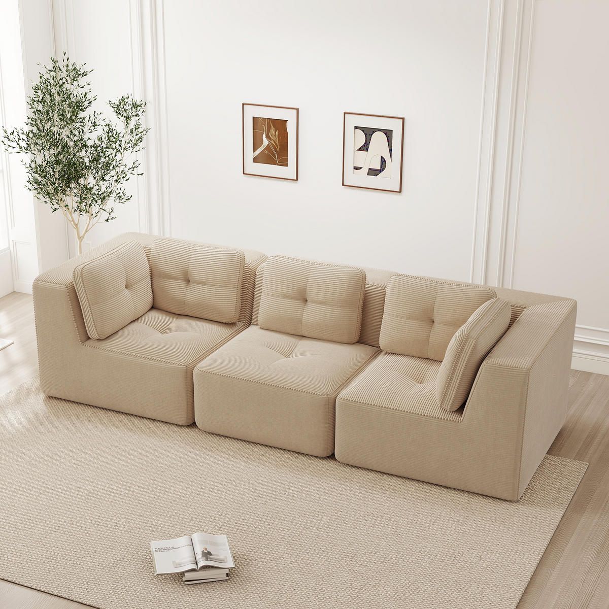 3-SITZER Sofa 297x104x69 cm aus Cordstoff rahmenlos modular, beige - Beige, Textil (104/69/297cm)