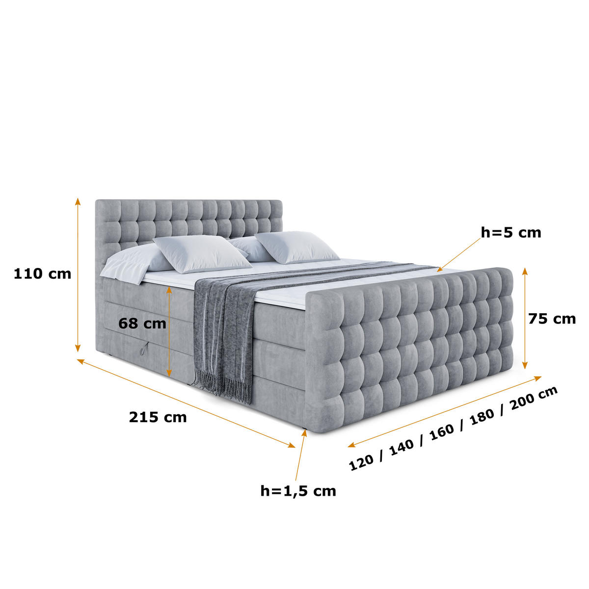 BOXSPRINGBETT VIONE-Z KING - 200 x 200 - H3/H4 - Grau - Grau, Holzwerkstoff (200/200cm) - ALTDECOR