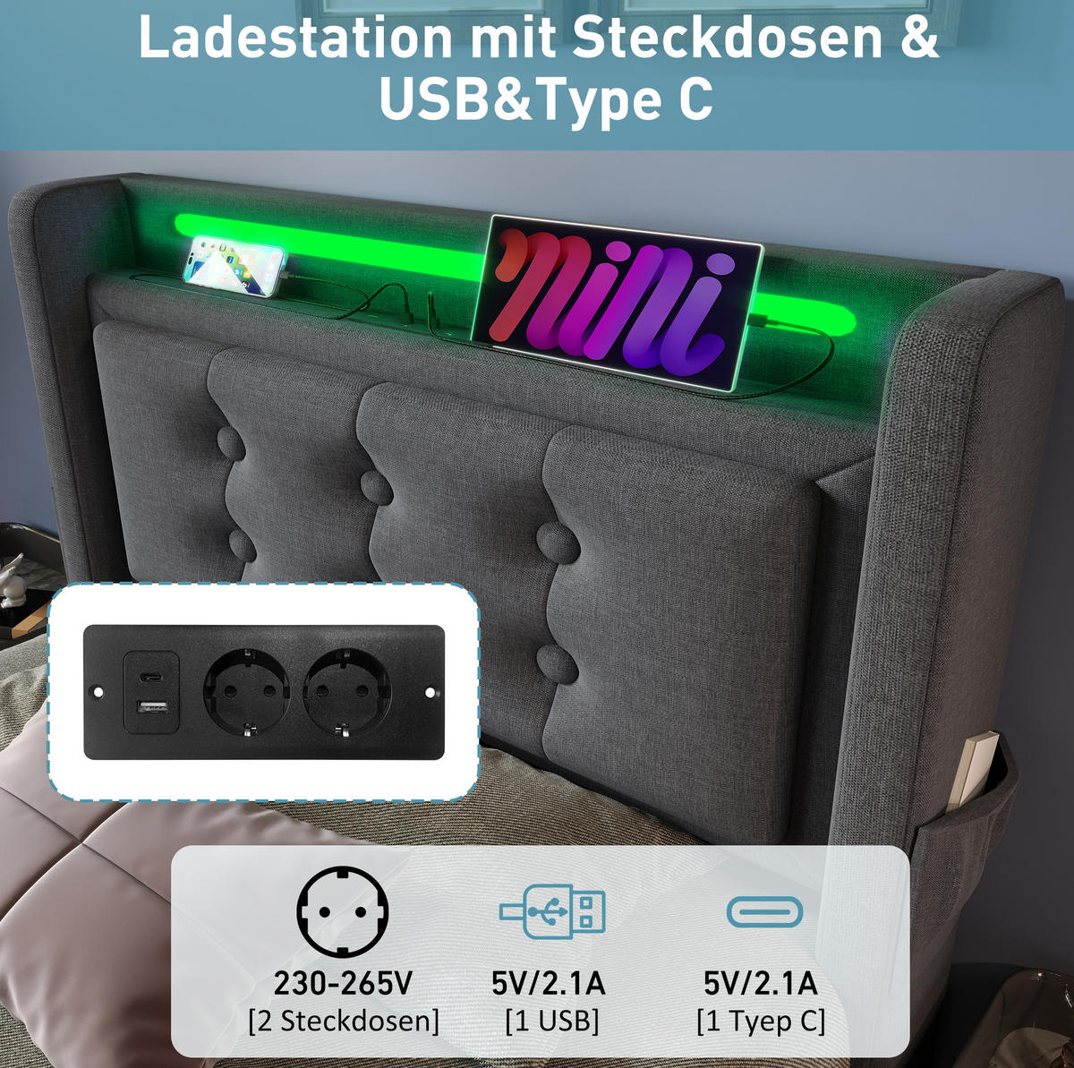 POLSTERBETT 90/200 cm Grau aus Baumwoll-Leinenstoff mit LED und Ladefunktion - Grau, Textil (90/200cm) - OKMYHOME