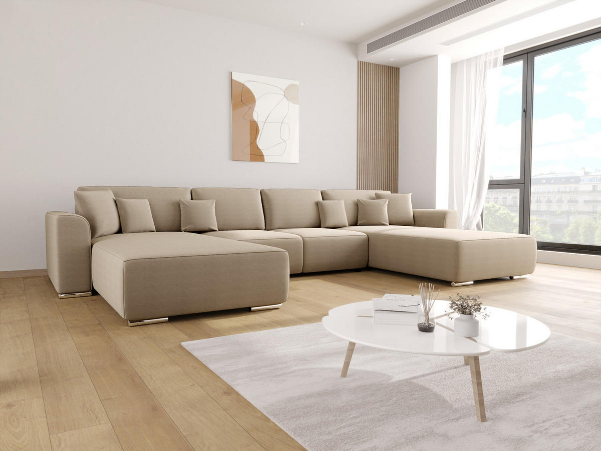 WOHNLANDSCHAFT GUSTO U Como02 mit Schlaffunktion - Beige, Textil (368/85/193cm) - Bedante