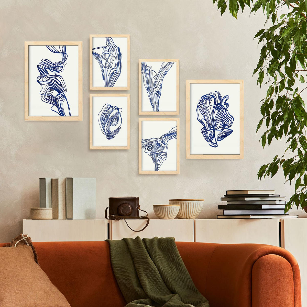 POSTER Set Mit 6 Verlockend Schrägen In Form Abstracts Ästhetische Dekorative Gemälde Für Ihr Wohnzimmer Zuhause A3 & A4 Rahmen Aus Hellem Holz - Beige, Papier (29/3cm) - Nacnic