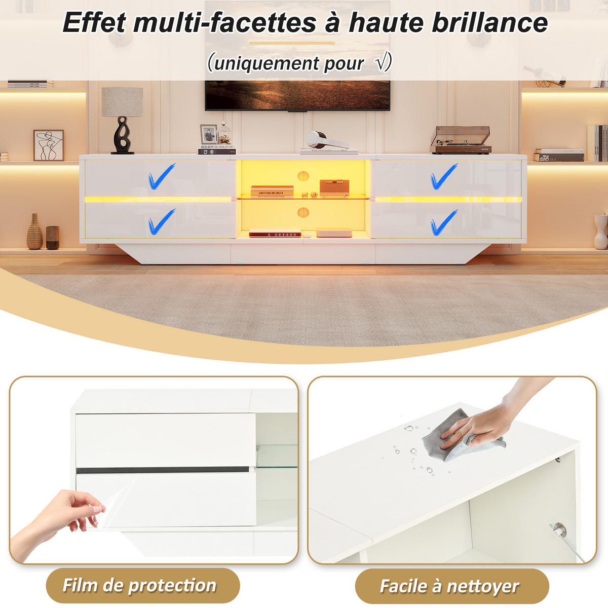 TV-ELEMENT160X35X44,5CM TV-Board Weiß Hochglanz mit RGB-LED-Beleuchtung für 65-Zoll - Weiß, Holz (45.01/27/92.99cm) - Raelunyi