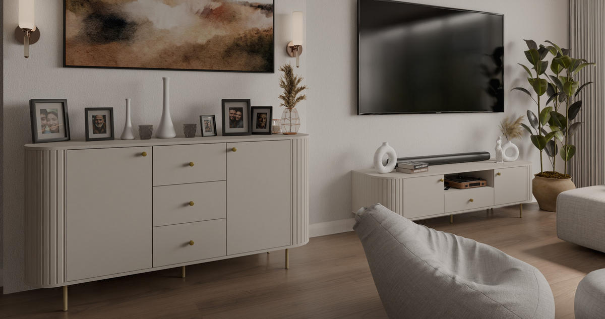 TV-SCHRANK Olivia 123 cm, mit 2 Türen, geriffeltem Design, kaschmir, goldfarbenen Metallfüßen - Kaschmir, Metall (123/50/43cm) - Margaret Hadas24