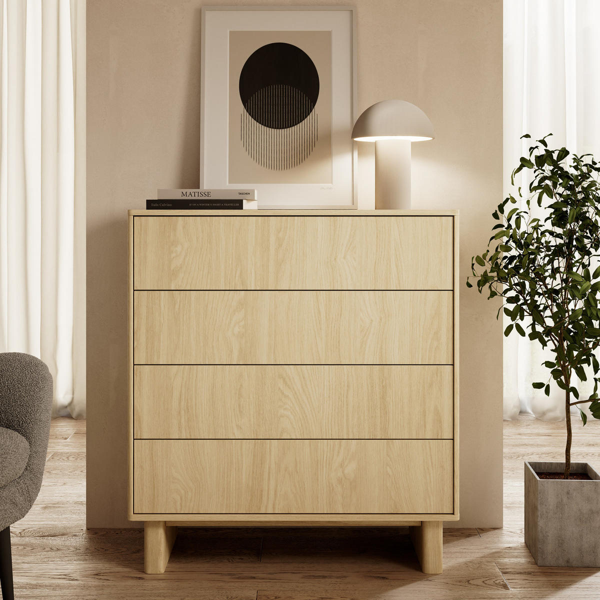 KOMMODE VIRONE (Geölte Eiche, 4 Schubladen, Vollauszug, Push-to-Open) - Eichefarben, Holz/Holzwerkstoff (93/103/38cm) - Ravio