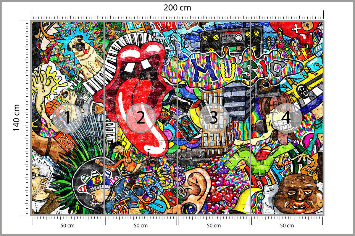 FOTOTAPETE für Jugendzimmer GRAFFITI Musik Abstrakt Farben 200x140 - Blau/Gelb, Papier (200/140cm) - Muralo