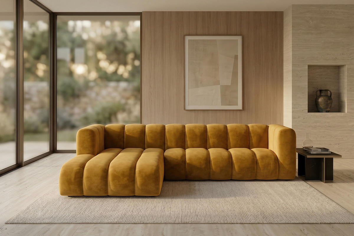 ECKSOFA Modulares In L-Form, Velvet-Stoff Riviera, Senffarbe, Links, GRAND 287 cm - Gelb, Holz (287/179cm) - Kaiser Möbel