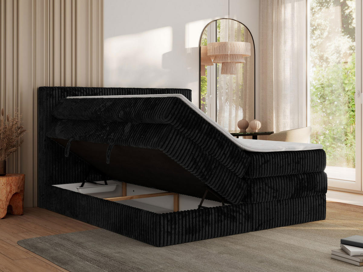 BOXSPRINGBETT TILIANO KING - 200/200 - Schwarz Cord - H4 - Schwarz, Holz/Textil (200/200cm) - MKS