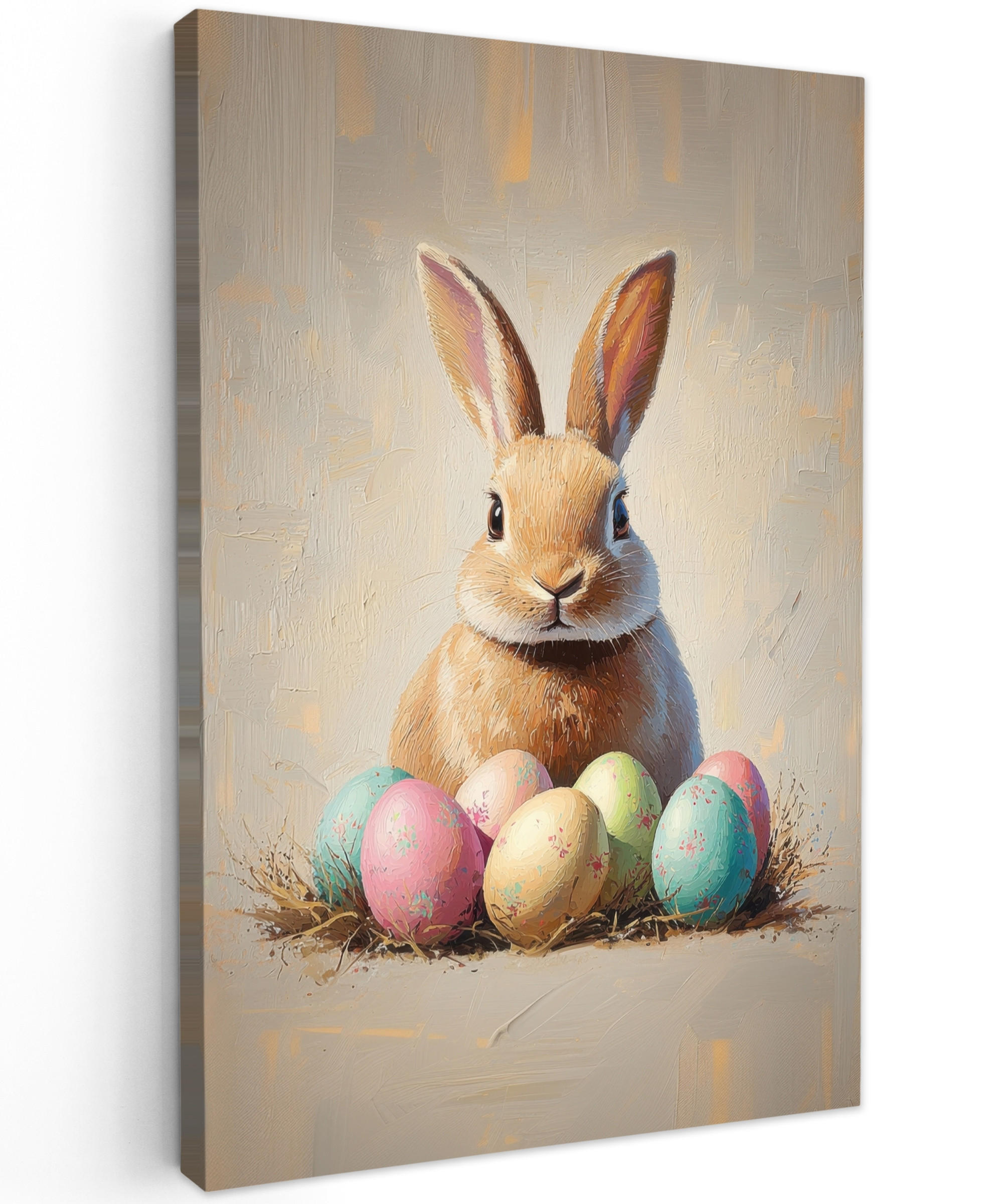 LEINWANDBILD Osterhase - Pastell - Eier Deko Groß 90x140 cm - Beige, Textil (90/140cm) - MuchoWow