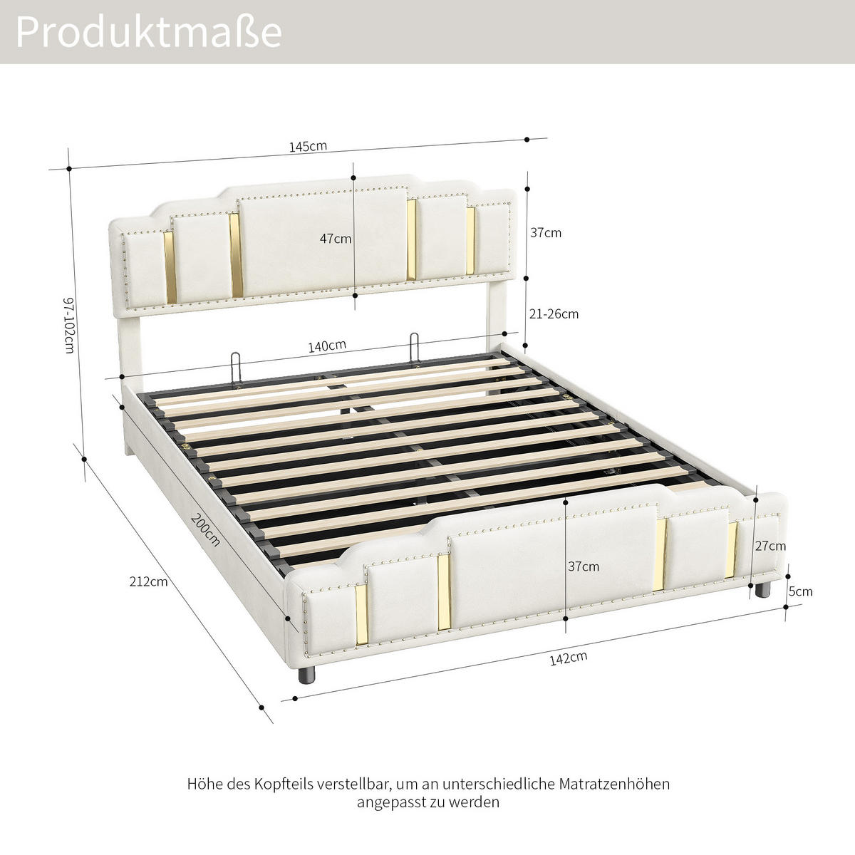 POLSTERBETT 140/200 cm mit LED-Beleuchtung, hydraulischem Bettkasten und Samtbezug, Beige - Beige, Textil (140/200cm) - Redom