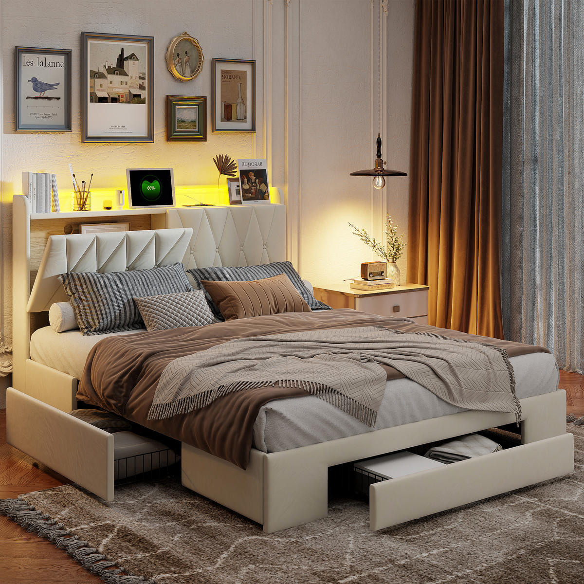 POLSTERBETT 160/200 cm mit Schubkasten‑Stauraum, LED‑Beleuchtung & USB‑Anschluss, Chesterfield‑Samtkopfteil - Beige, Holz/Metall (160/200cm) - Joyfair